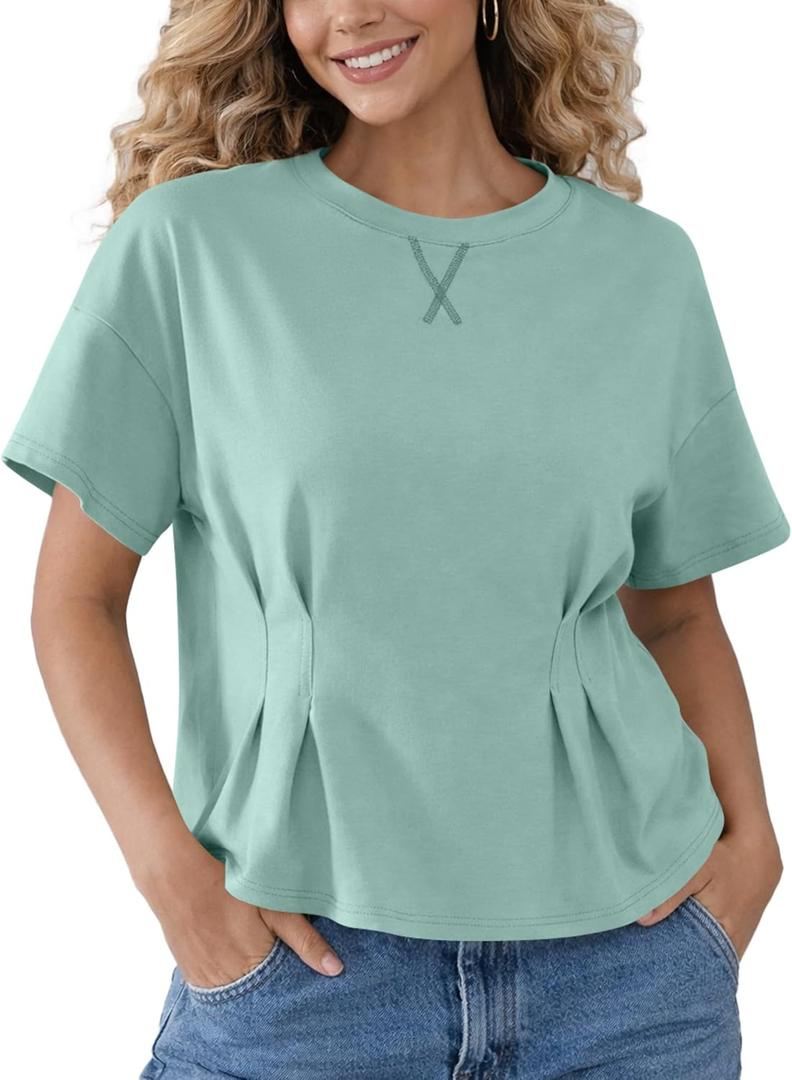 Women's Peplum Tops Babydoll Tops Short Sleeve Shirts Cinched Waist Tops Casual Blouses Dressy Summer (Green, S)