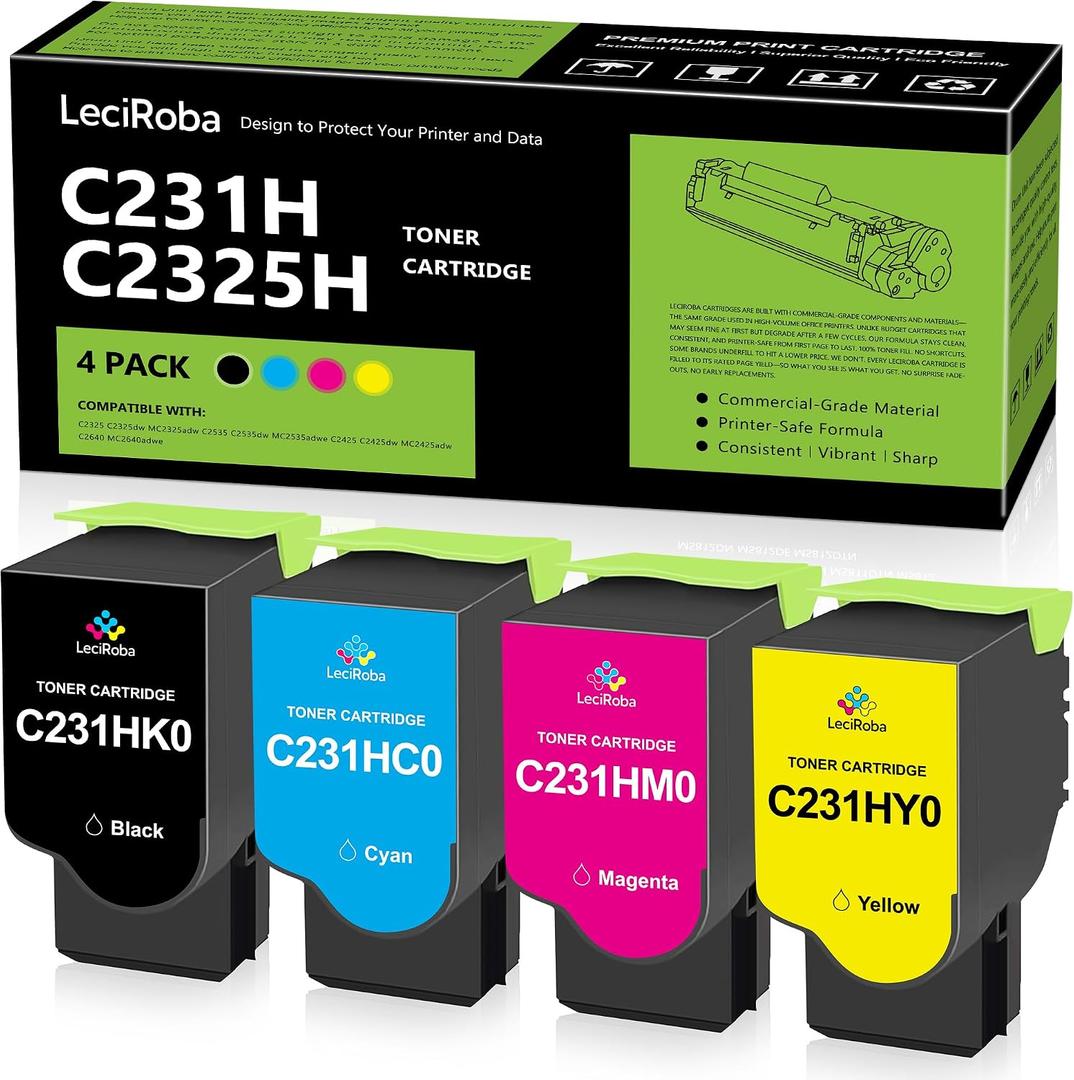 LeciRoba C231HK0 C231HC0 C231HM0 C231HY0 Toner Compatible Cartridge for Lexmark C2325 C2325dw MC2325adw C2535 C2535dw MC2535adwe C2425 C2425dw MC2425adw C2640 MC2640adwe Printer (4-Pack)