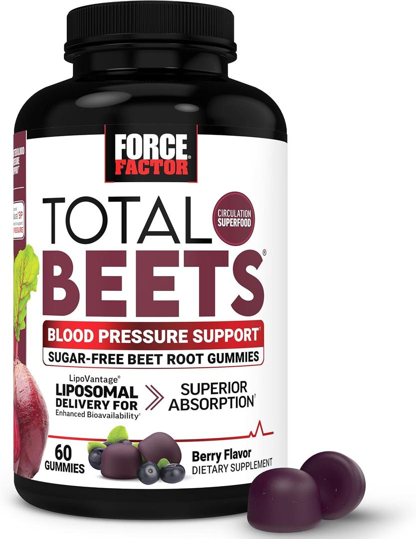 Force Factor Total Beets Gummies, Blood Pressure Support, Liposomal Beet Powder for Superior Absorption, Grape Seed for Nitric Oxide, Circulation & Heart Health, Sugar Free, Mixed Berry, 60 Gummies (EXP 07/28/27)