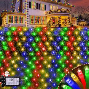Hezbjiti Christmas Net Lights Outdoor 200 LED 6.9FT x 5.4FT Clear Wire with 8 Modes, Connectable Plug in Waterproof, Timer Memory Function for Xmas Tree Bushes Porch Lawn Windows Decor（Multicolor）