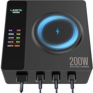 200W 5-Port USB C Independent Fast Charging Station(140W Max) PD 3.1 Wireless Magnetic Charger Adapter All in One Charger OTA Upgrade LCD Display iPhone, iPad and Multiple Devices