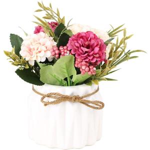 Artificial Hydrangea Bouquet with Small Ceramic Vase Fake Silk Variety Flower Balls Flowers Decoration for Table Home Party Office Wedding (White)