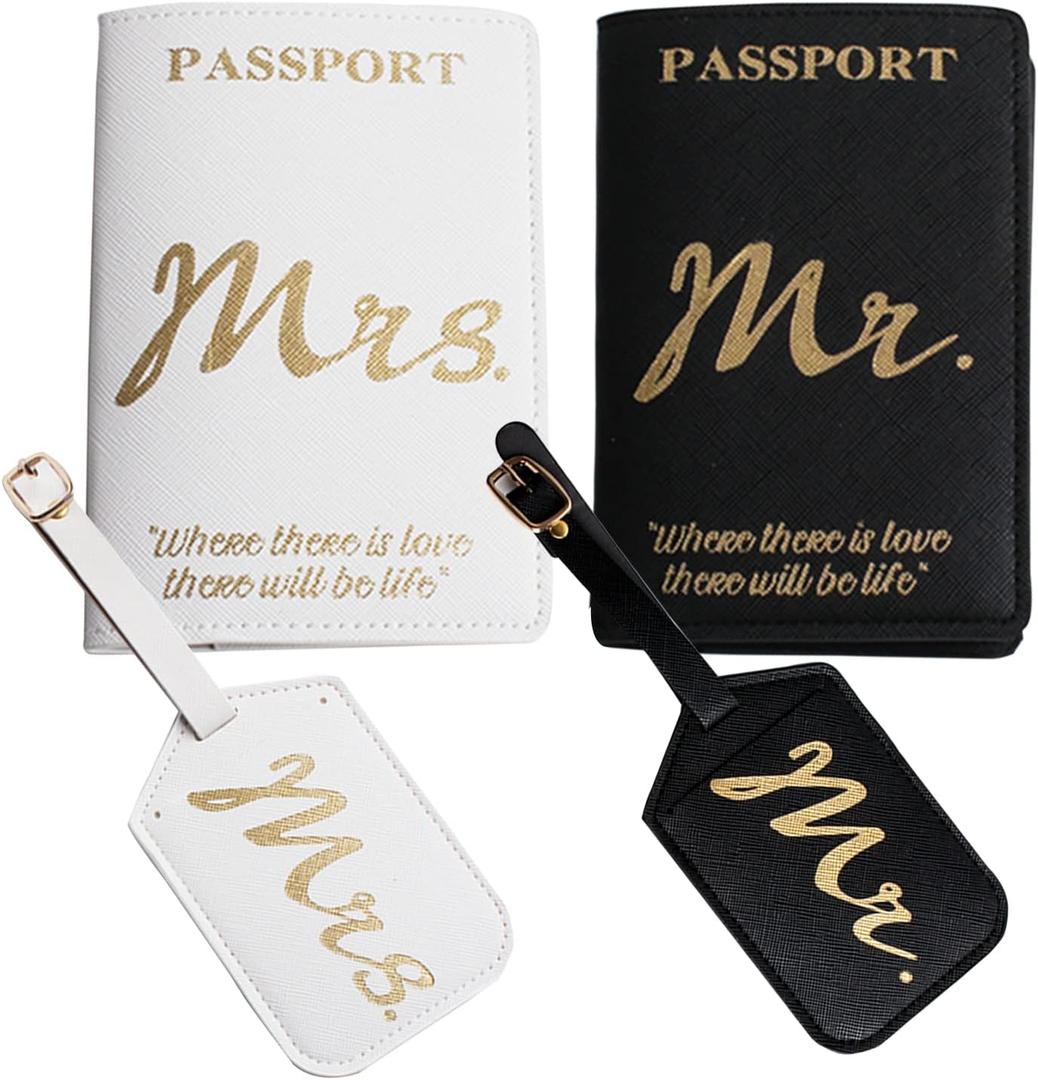 Passport Wallets Travel Holder Set, Honeymoon travel Luggage Tags Passport Cover,Slim Passport Case Covers for Wedding Bridal Shower Gift (Golden-4)