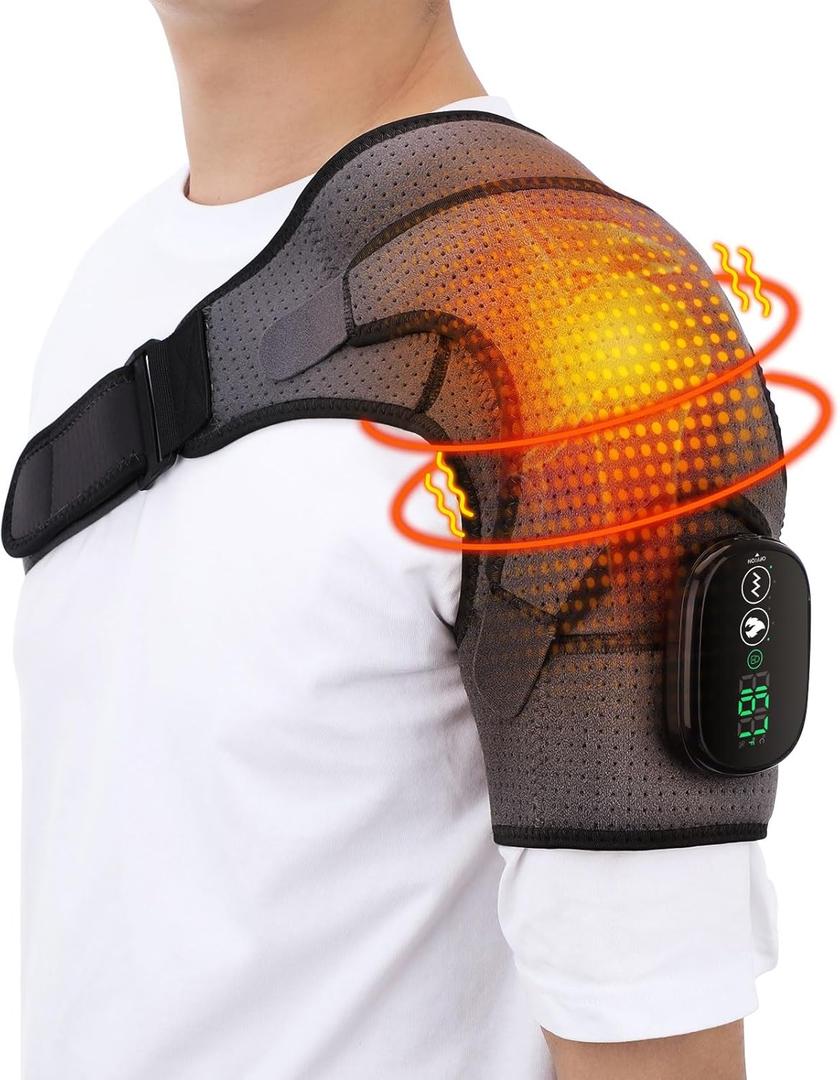 Cordless Shoulder Heating Pad, Heated Shoulder Wrap with Vibration, Shoulder Massager Heated Shoulder Brace for Women Men (Grey)