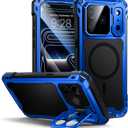 Lanhiem for iPhone 17 Pro Metal Case with Kickstand, Compatible with MagSafe, Built in Tempered Glass Screen Protector, Heavy Duty Shockproof Rugged Phone Cases, Full Body Tough Cover 6.3"(Blue)