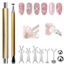 Double-Head Cat Eye Nail Magnet Set, Nail Magnet Tool with Cat Eye Nail Magnet Beads and Nail Magnet Guides, Double-Side Flower Design Nail Magnetic Pen, Cat Eye Magnet for Nail Art DIY (Gold)