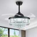 FIDGRA 42'' Fandelier Ceiling Fan with Light, Retractable Chandelier Fan, 3 Color Temperature, 6 Wind Speed, Crystal Ceiling Fan for Bedroom Living Room Dining Room-Black