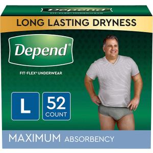 Depend FIT-FLEX Incontinence Underwear for Men, Maximum Absorbency, Disposable, Large, Grey, 52 Count  Depend FIT-FLEX Incontinence Underwear for Men, Maximum Absorbency, Disposable, Large, Grey, 52 Count