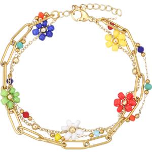 LUREME Boho Multi-Layer Stainless Steel Bracelet Set – Gold-Tone Multicolor Floral Charm Bracelets for Women, Beach Holiday Jewelry (bl003614)