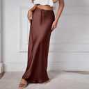 Long Silk Skirt Women's Spring Summer Satin Silk High Waist Drawstring Ruffle A Line Maxi Skirt (Brown, L)