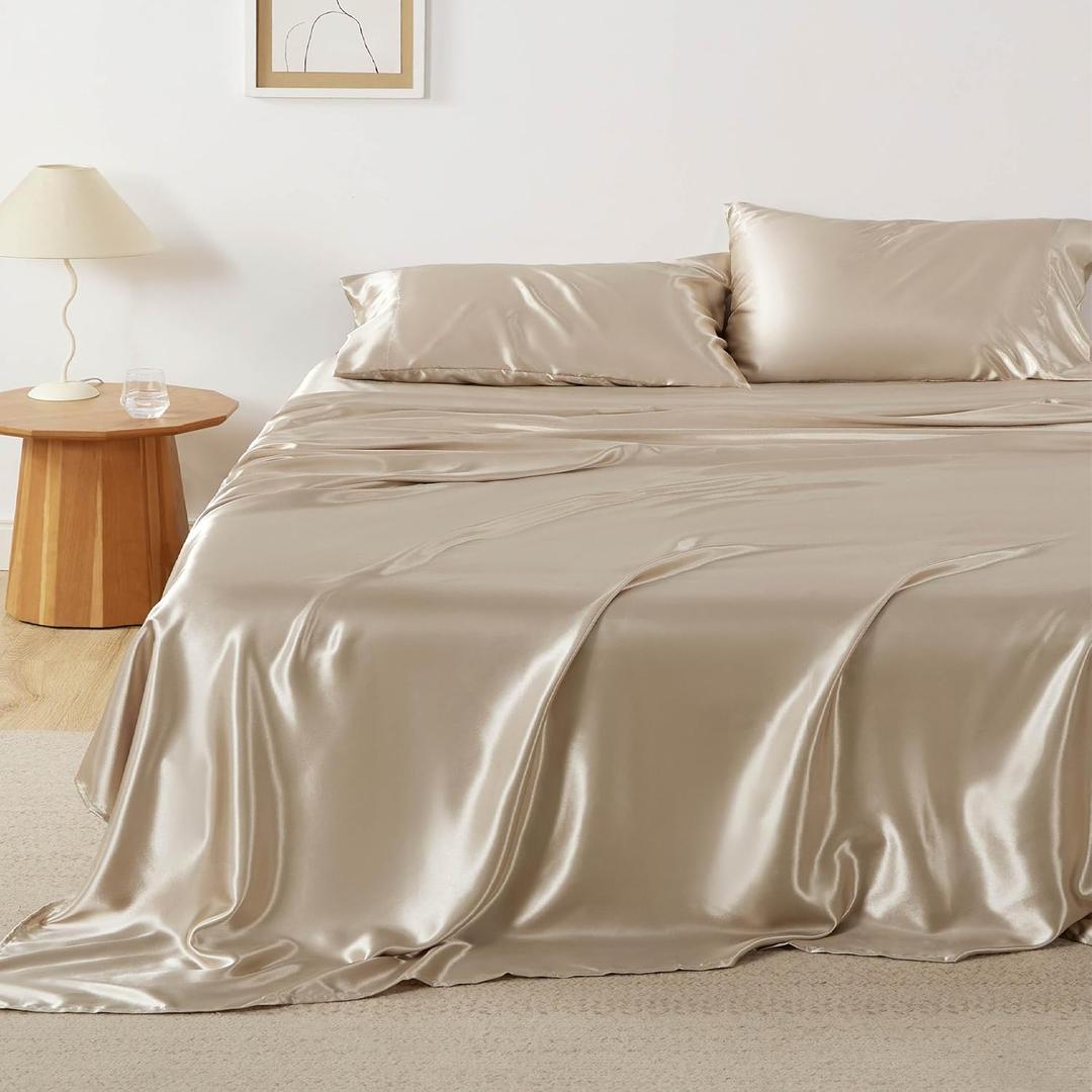 Bedsure Satin Sheets Queen Size - Similar to Silk Sheets, Silky Bedsheet, Luxury & Ultra Soft, Non-Fading & Wrinkle Free, Good for Hair & Skin, Gifts for Women, 4 Pieces, Khaki