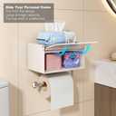 Voldra Toilet Paper Holder with Shelf, Flushable Wipes Dispenser for Bathroom, Adhesive Toilet Paper Roll Holder with Storage Wall Mount Stick On Bathroom Tissue Holder Front Flip Design (Matte White)