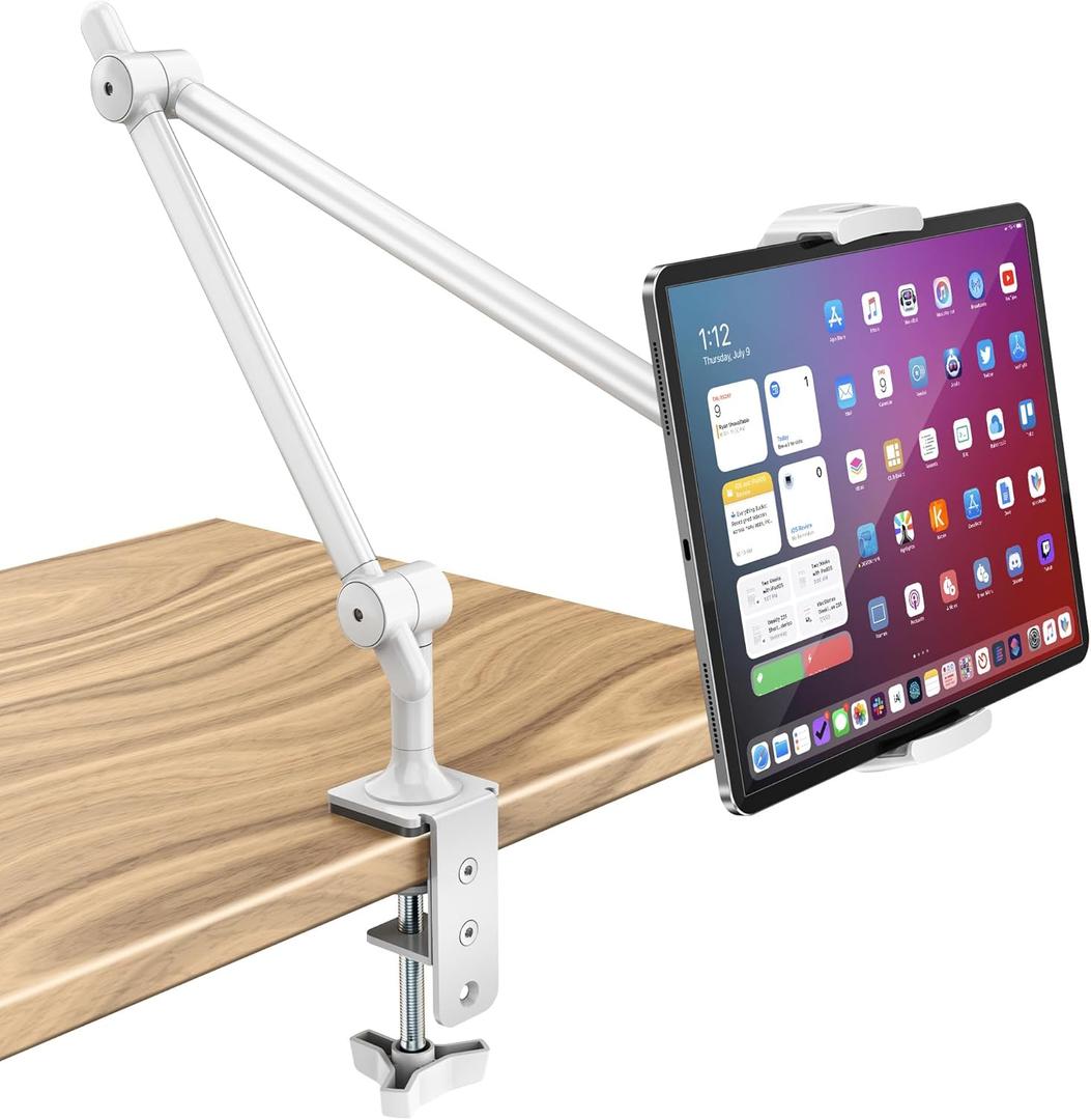 AboveTEK Tablet Stand Holder, Aluminum iPad Holder for Desk & Bed, Adjustable iPad Arm Clamp Mount with 360 Rotation, Overhead Compatible with 4.7"-13.5" iPads Pro/Air/Mini, iPhone, Galaxy Tab- White