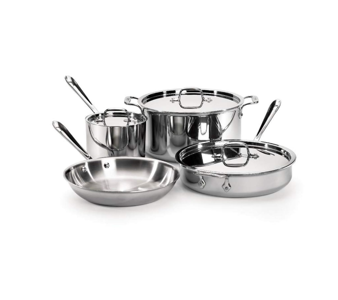 All-Clad D3 3-Ply Stainless Steel Cookware Set 7 Piece Induction Oven Broil Safe 600F Pots and Pans,Silver