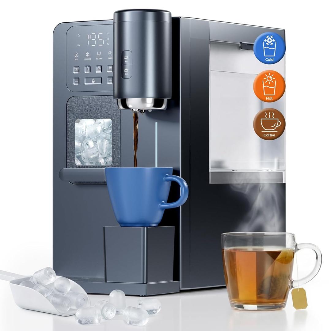 3-in-1 Water Dispenser with Ice Maker - Coffee Maker Countertop Bullet Ice Maker with 12H Timer, Hot/Cold/Warm Adjustable Volume Water, K-Cup Ground Coffee Brewer for Home Office Studio Gift