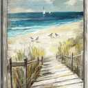 Wood Framed Beach Wall Art: Calming Ocean Waves Scenery Painting Modern Seashore Seagulls Picture Abstract Coastal Boardwalk Prints Seaside Grass Seascape Artwork for Bathroom Bedroom