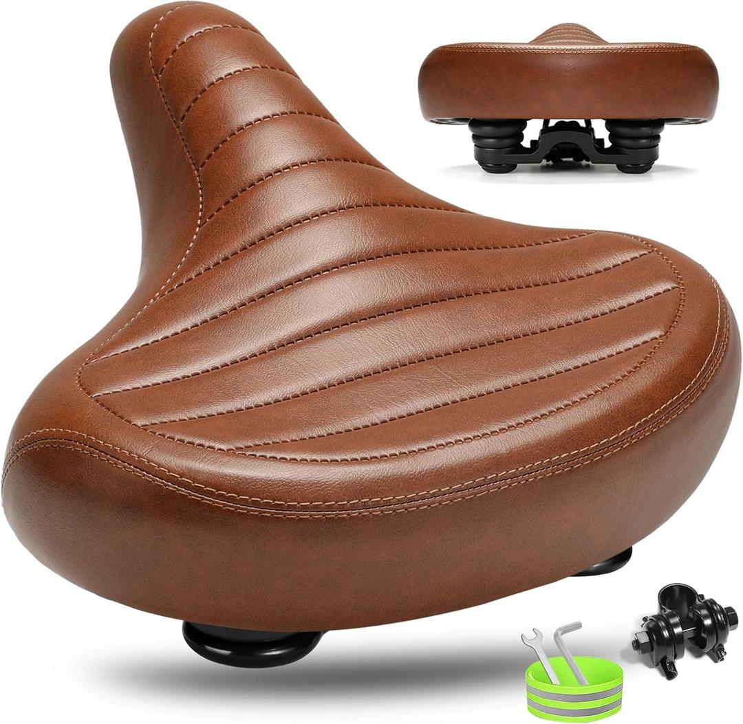 Wide Bike Seat for Men Women Comfort, Large Soft Padded Bicycle Seat Cushion, Oversized Comfortable Replacement Saddle for Beach Cruiser, City Bike, MTB, Ebike, Scooter, Stationary Exercise Bike (C2 Brown)