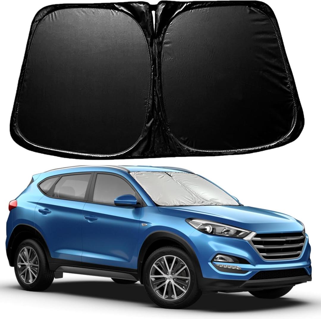 Upgrades Double Layers Car Windshield Sun Shade,Front Windshield Sunshade,240T Titanium Silver Coating,Keep Car Interior Cool,Universal Fit for Cars,Trucks,SUVs L(58 * 31inch)