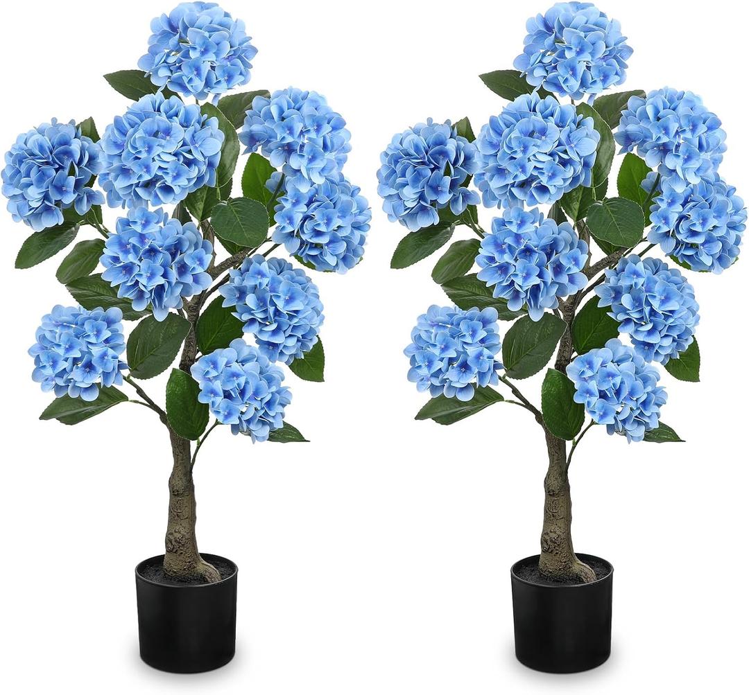 3FT Blue Hydrangea Artificial Flowers Tree Large Real Touch Faux Silk Hydrangea Plants Potted Fake Flower in Black Pot for Home Indoor Outdoor Front Porch Garden Entrance Living Room Decor, 2 Pack