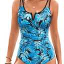 Womens One Piece Swimsuit Tummy Control - Slimming Bathing Suit V Wired Full Coverage 2025, Blue Leaves, XL