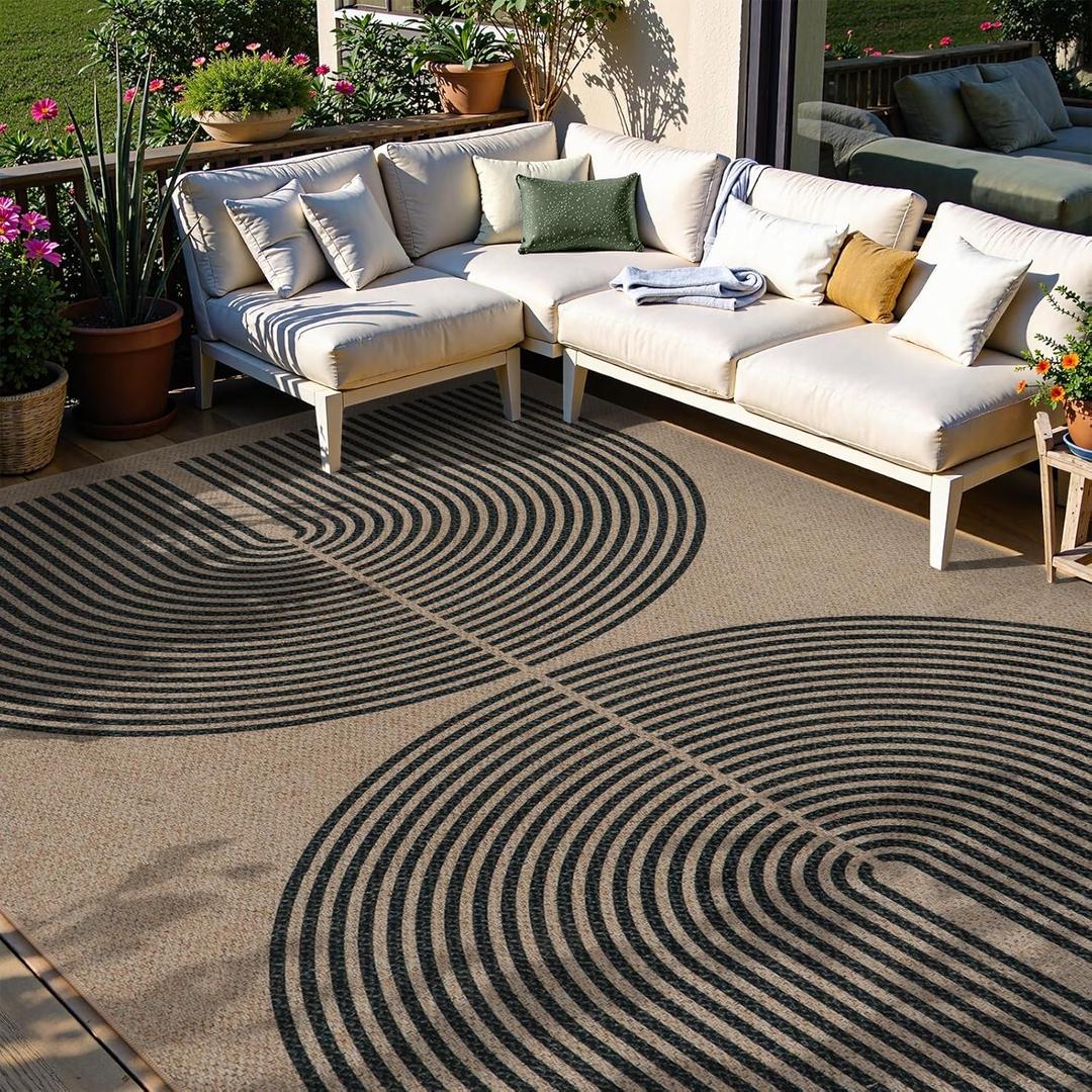 Lahome Modern Rainbow Easy Jute 6x9 Rug, Large Living Room Carpet Washable Outdoor Patio Dining Room Rug, Non Slip Indoor Outdoor Carpet for Backyard Deck Office Decor (Nature/Black Rainbow)