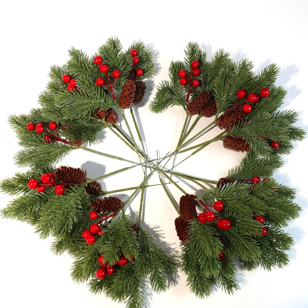 20pcs Red Berry Stems Pine Branches Christmas Berries Dcor Artificial Pine Cones Branch Craft Wreath Pick & Winter Holiday Floral Picks Holly Stem for Decoration DIY Xmas Garland Crafts