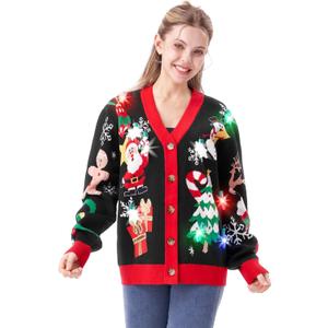 Giggling Getup Women Ugly Christmas Cardigan Sweaters, Funny Light Up V-Neck Ugly Christmas Sweater for Women 2025 Size S
