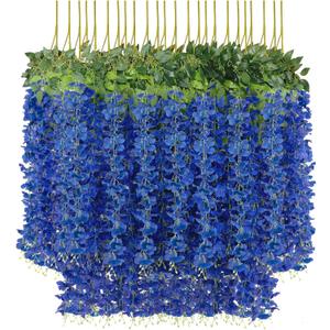 U'Artlines 24 Pack (Total 86.4 Feet) Artificial Fake Wisteria Vine Rattan Hanging Garland Silk Flowers String Home Party Wedding Decor (24, Navy Blue)