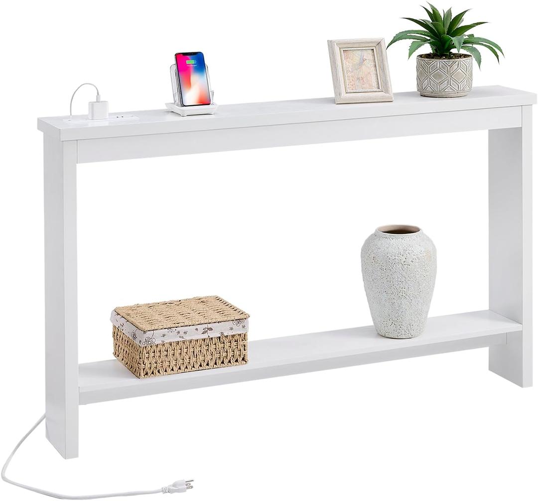 ZGREN Narrow Sofa Table with Outlet and USB Port, Behind Couch Table Skinny Console Table with Charging Station Thin and Long Slim Entryway Table for Living Room, Hallway, Entry Hall, Foyer, White (47W x 7D x 32H)