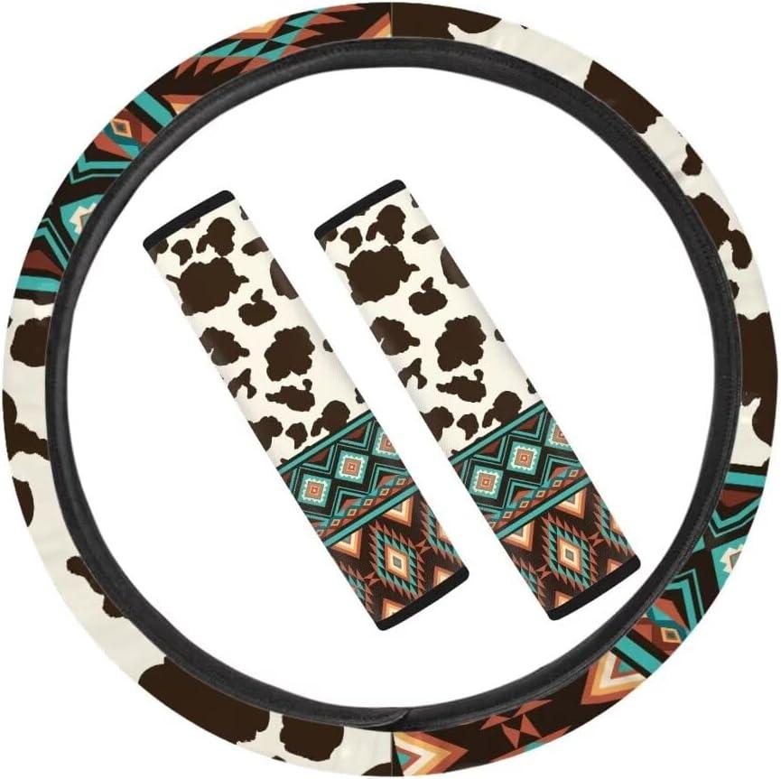 Coldinair Brown Cow Print Universal Car Steering Wheel Cover & Tribal Style Seat Belt Shoulder Pads Fit Most Cars,Truck SUV,Soft and Stretchy
