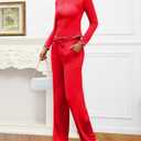 Gargenwed Women's Two-Piece Lounge Set, Long Sleeve Top and Wide Leg Pants with Pocket Casual Comfort Outfit (Red)