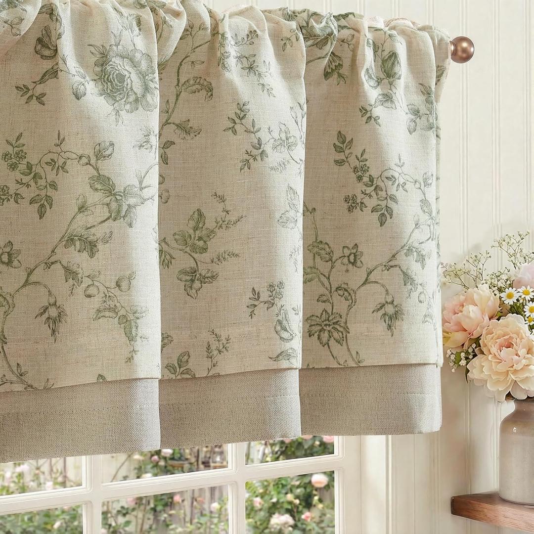 jinchan Amlie Floral Linen Valance Curtain Farmhouse Kitchen Valance for Living Room Laundry Light Filtering Double Layer Cottagecore Window Treatment Rod Pocket 1 Panel 16 Inch Sage Green on Linen 50"W x 16"L (Pack of 1), Amlie Sage Green on Linen