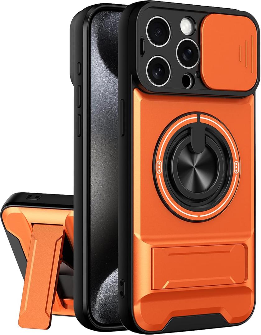 Dssairo for iPhone 15 Pro Max case with 360Rotation Magnetic Ring Compatible with MagSafe Slide Camera Cover Foldable Stand Military-Grade Shockproof Protective case (Orange, iPhone 15 Pro Max)