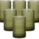 ZMOWIPDL Vintage Glassware Drinking Glasses Set of 6,15 oz Hobnail Glass Cups,Embossed Green Water Tumbler,for Beer,Cocktail,Whiskey,Juice and Various Mixed Drinks- 1 Cleaning Brush
