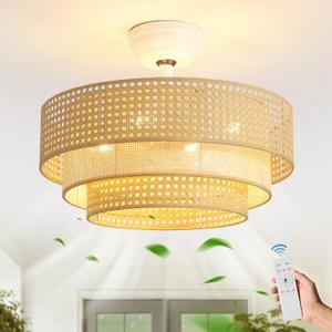 20" Boho Ceiling Fan with Light, Triple Rattan Ceiling Fans with Lights and Remote Control, Coastal Enclosed Fandelier with 6 Speeds for Bedroom, Kitchen, Dining Room