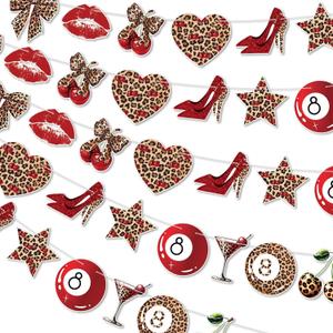 5 Pcs Cherry Cheetah Decorations Cherry Cheetah Party Banner Red Leopard Bow Print Garland Birthday Backdrop Bachelorette Animal Print Party Supplies