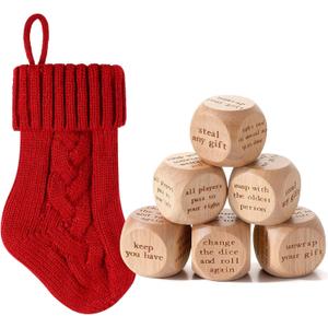 6 Pcs Christmas Swap Gift Exchange Dice with Stocking, Christmas Game Dice Group Ice Breaking Party Games for Family Party Gifts for Xmas(Light Brown)