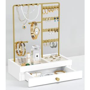 Goozii Gold Jewelry Stand Organizer Necklace Holder, Birthday Gifts for Women Girls, Small Jewelry Stand for Earrings Rings Bracelets, Velvet Jewelry Hanger Tree, Mothers Day Gifts - White and Gold