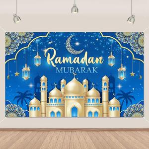Blue Ramadan Decorations Banner Muslim Ramadan Kareem Banner Decorations Ramadan Mubarak Photography Backdrop for Muslim Home Eid Al Fitr Party 5.9x3.6Ft