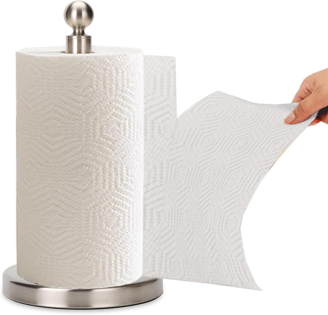 Paper Towel Holder Countertop, Standing Paper Towel Roll Holder for Kitchen Bathroom, with Weighted Base for One-Handed Operation (Stainless Steel Base, Brushed Nickel)