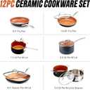 Gotham Steel 12 Pc Ceramic Cookware Set Nonstick, Ceramic Pots and Pans Set Non Stick with Steamer for Cooking, Non Toxic PFOA PFOS Free, Ergonomic Stay Cool Handles, Oven & Dishwasher Safe, Copper, 12 Piece Set