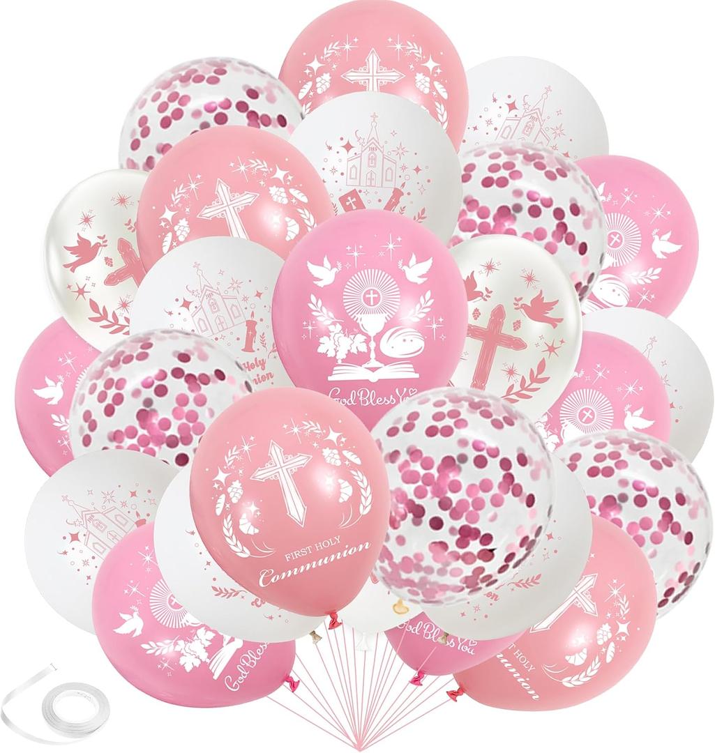 First Holy Communion Balloons Decorations - Pink First Communion Balloon Set with Cross Dove and Confetti Balloons, Christening Baptism Confirmation Party Supplies