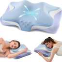 Cervical Pillow for Neck Pain Relief - Cooling Ergonomic Memory Foam Pillows for Sleeping, Contour Neck Support Pillow for Side, Back, Stomach Sleepers with Anti-pilling Pillowcase Queen Size-Ice Blue