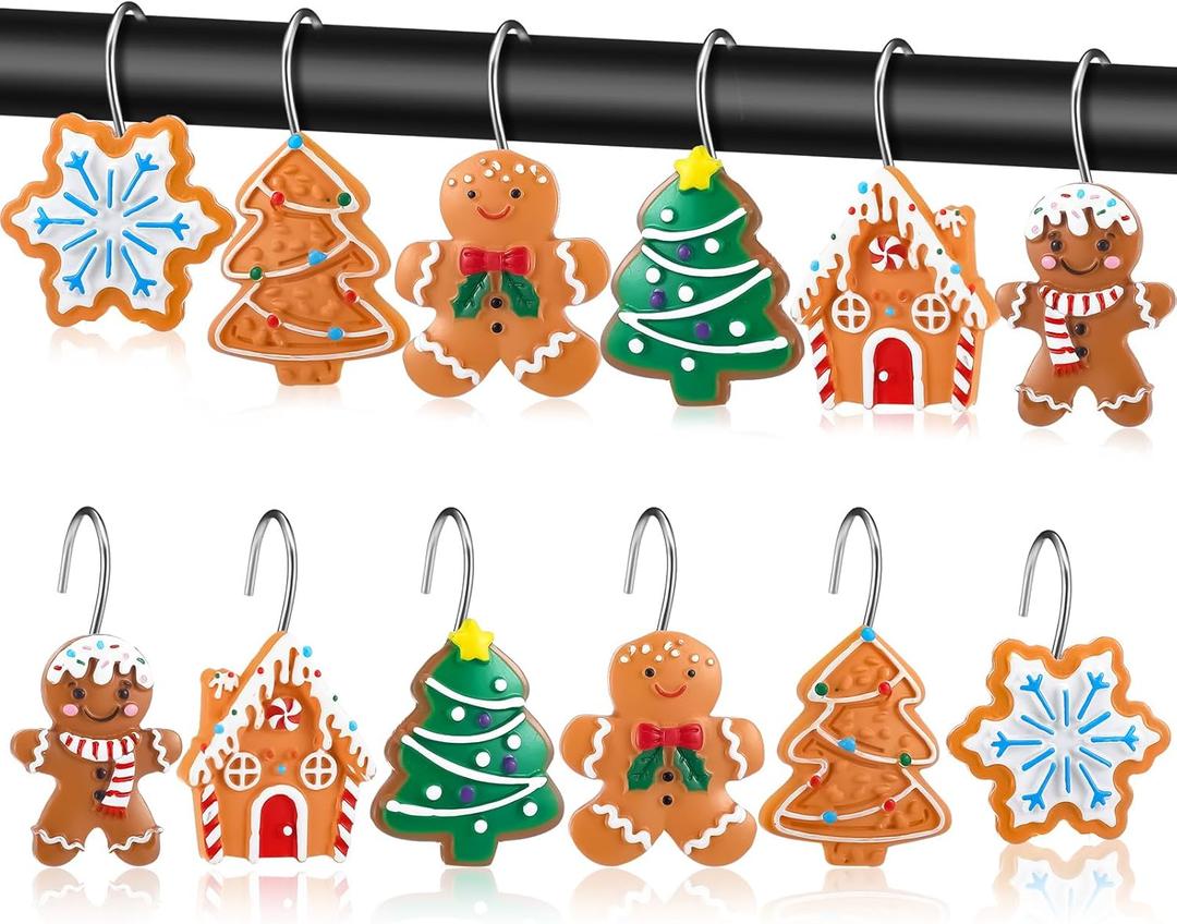 Threehoney 12 Pcs Winter Shower Curtain Hooks 6 Styles Snowflake Gingerbread Man House Rustproof Hangers Hooks Xmas Tree Decorative Curtain Rings for Bathroom Winter Holiday Decor