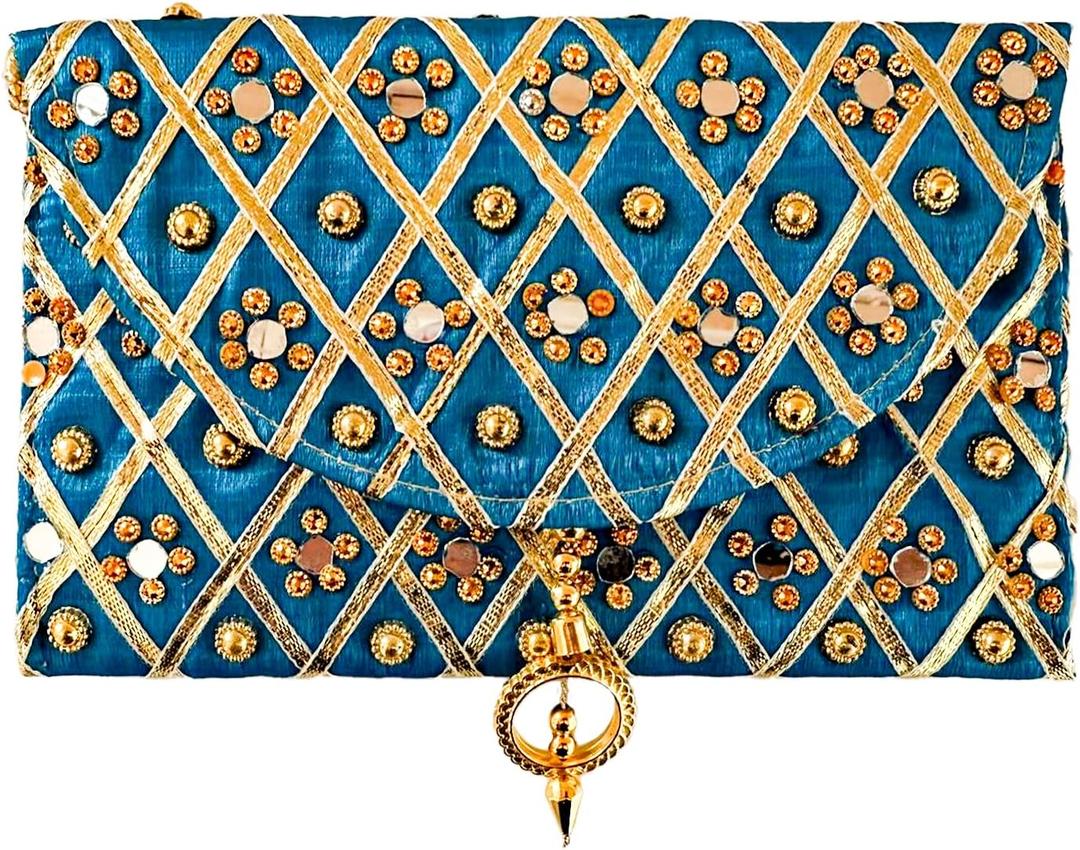 Handmade Indian Purse Wallet Clutch Traditional Ethnic Mirror Work Wedding Shaagun Money Envelope for Celebrations Events Return Gifts (Blue)