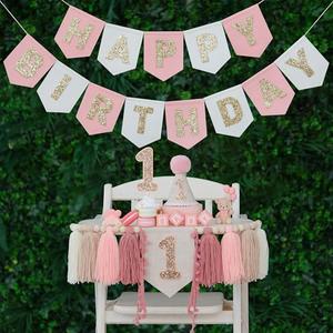DCJHFJ Pink Felt Happy Birthday High Chair Banner Pre-Strung Birthday Hanging Decoration For Baby Girl 1st Birthday Party Decorations