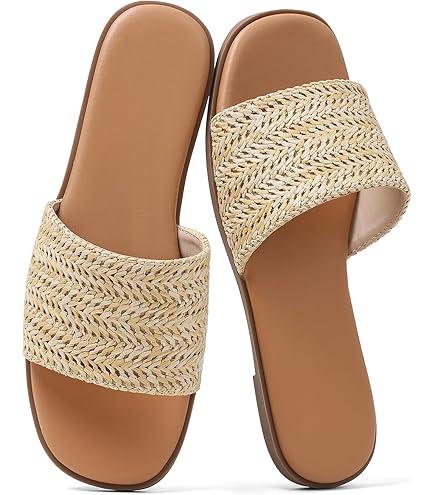 Slides Sandals for Women Basic Slip On Flat Sandals Open Toe Comfort Beach Sandals Slippers for Casual Dressy Summer Size 9