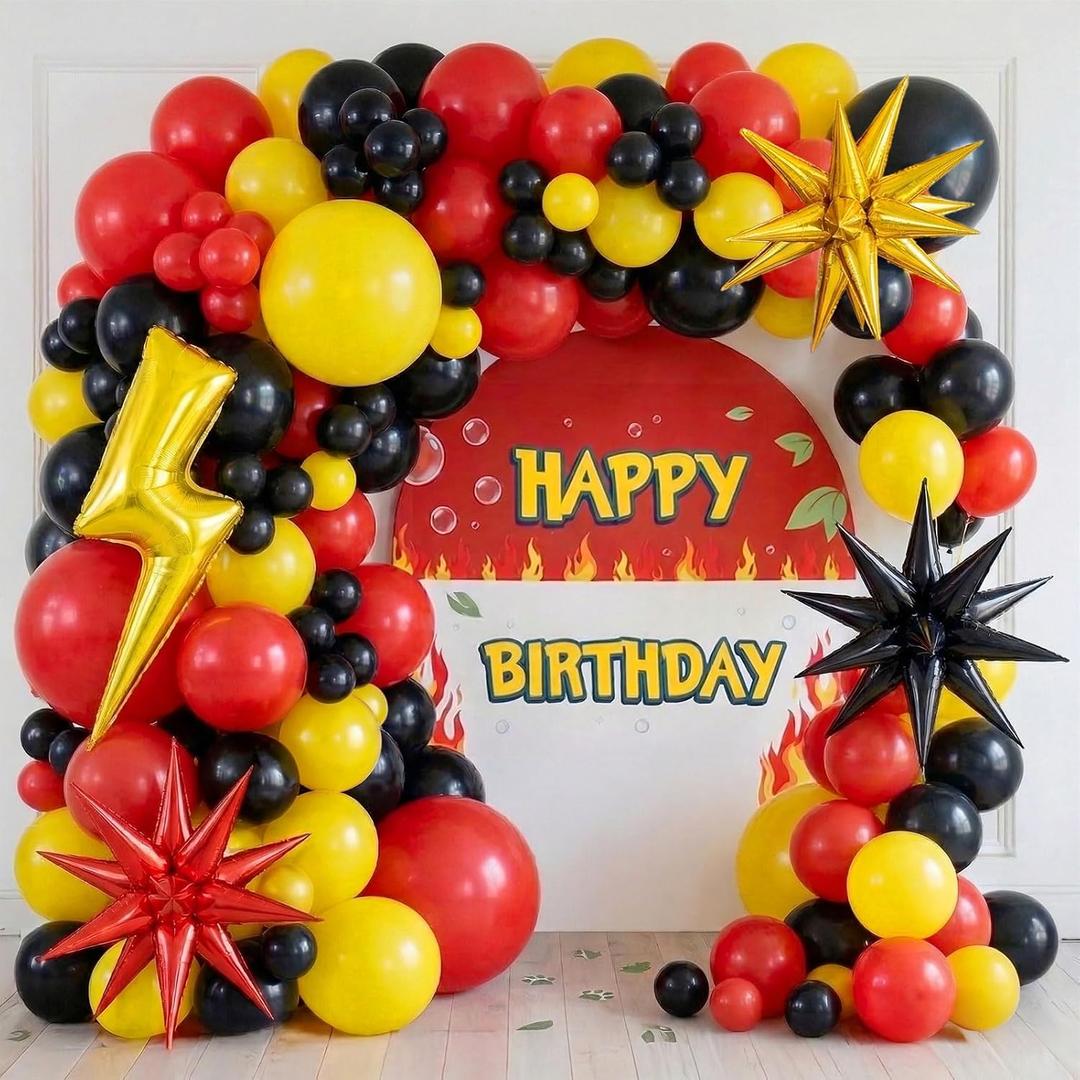 154Pcs Monster Catcher Balloon Arch Kit - Red Yellow Black Party Decorations with Lightning Bolt & Star Foil Balloons - for Boys Fire Power Super Hero Racing car Theme Party Supplies, Standard