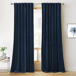 RYB HOME Navy Blue Velvet Curtains 80 inches, Back Tab Soft Fabric Room Darkening Thermal Insulated Luxurious Home Decor Curtains for Living Room Bedroom, W 52" x L 80", 2 Panels Set