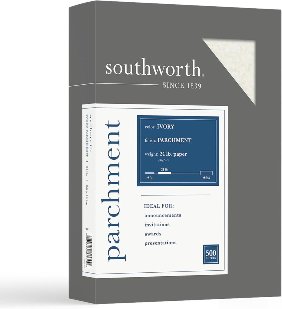 Southworth Parchment Specialty Paper, 8 1/2" x 11", 24 Lb, Ivory, Pack of 500